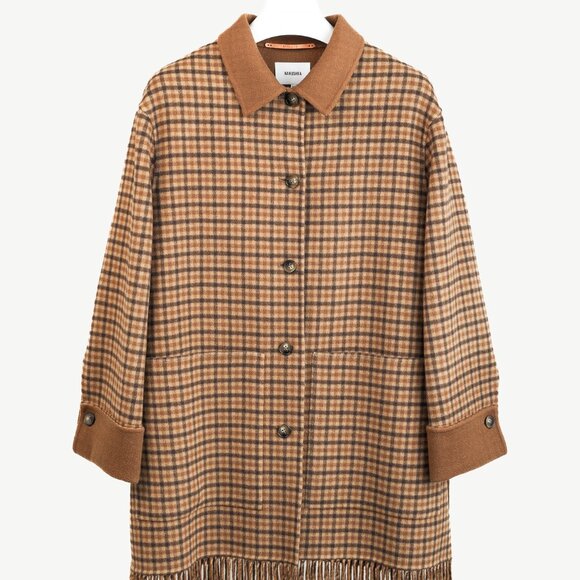 Nanushka Marzy Brown & Beige Fringed Checked Wool-Blend Coat - Picture 2 of 14